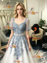 Tulle Lace Appliques Puff Sleeve Prom Dress