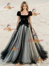 Black Tulle Puff Sleeve Appliques Wedding Dress