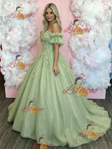 Green Tulle Appliques Strapless Prom Dress