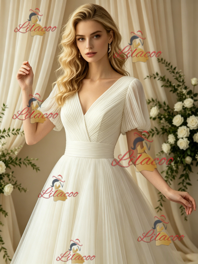 Ivory Tulle V-neck Puff Sleeve Wedding Dress