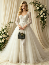 Long Sleeve Sequins Square Neck Wedding Dress