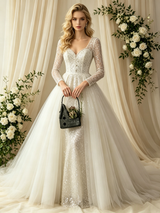 Long Sleeve Sequins Square Neck Wedding Dress