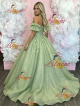 Green Tulle Appliques Strapless Prom Dress