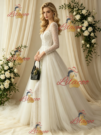 Long Sleeve Sequins Square Neck Wedding Dress