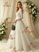 Long Sleeve Sequins Square Neck Wedding Dress
