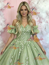 Green Tulle Appliques Strapless Prom Dress