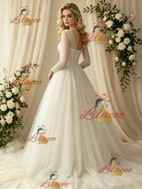 Long Sleeve Sequins Square Neck Wedding Dress