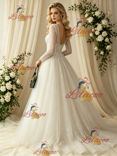 Long Sleeve Sequins Square Neck Wedding Dress