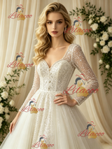 Long Sleeve Sequins Square Neck Wedding Dress