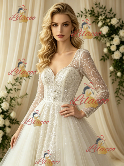 Long Sleeve Sequins Square Neck Wedding Dress