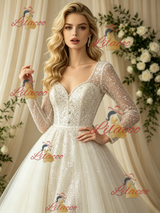 Long Sleeve Sequins Square Neck Wedding Dress