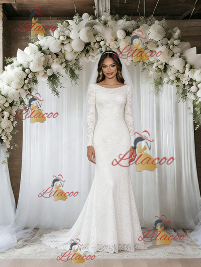 White Mermaid Lace Long Sleeve Wedding Dress