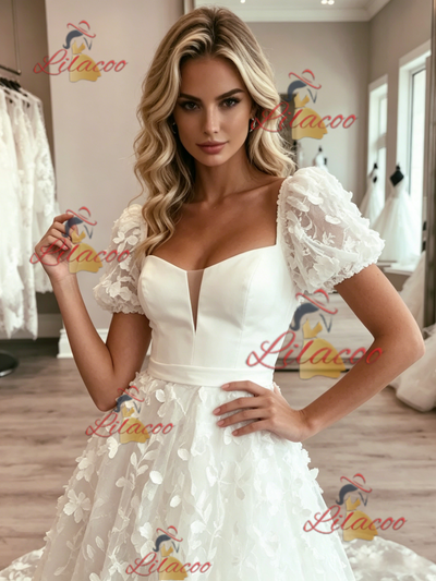 White Tulle Lace Puff Sleeve Wedding Dress