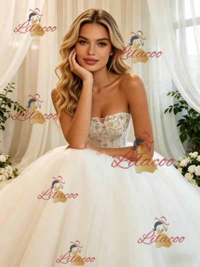 White Tulle Strapless Beading Wedding Dress