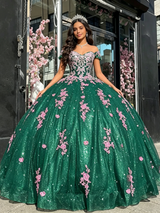 Green Tulle Off the Shoulder Appliques Quinceanera Dress