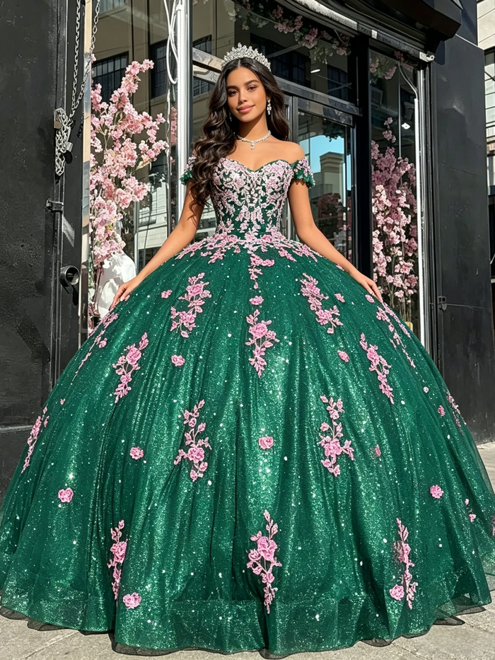 Green Tulle Off the Shoulder Appliques Quinceanera Dress