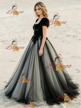 Black Tulle Puff Sleeve Appliques Wedding Dress