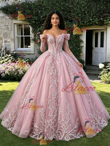 Pink Tulle Off the Shoulder Long Sleeve Quinceanera Dress
