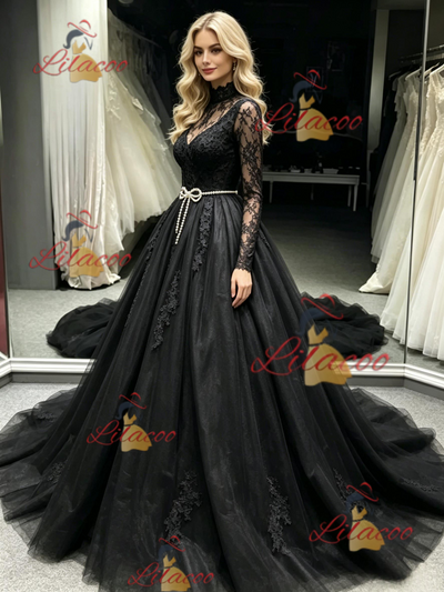 Black Tulle Long Sleeve Appliques Prom Dress