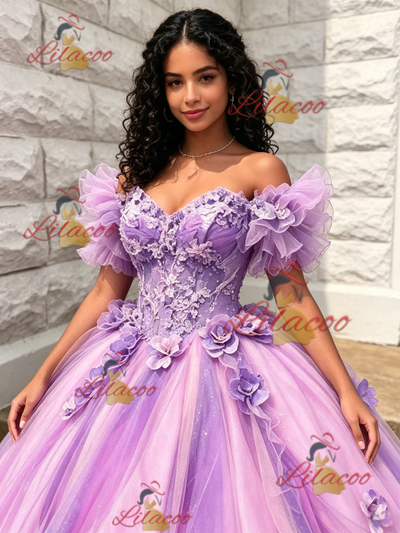 Purple Tulle Off the Shoulde 3D Flower Quinceanera Dress