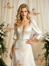 Ivory Satin Long Sleeve Beading Wedding Dress