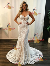 White Mermaid Straps Lace Wedding Dress
