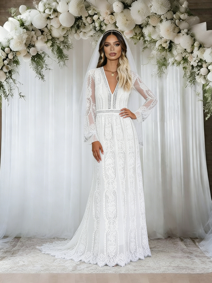 White Lace Long Sleeve V-neck Wedding Dress