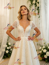 White Lace Short Sleeve Wedding Dress