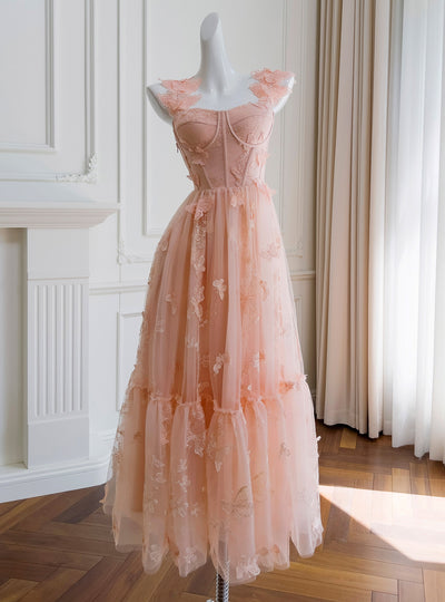 Orange Pink Tulle Lace Butterfly Prom Dress