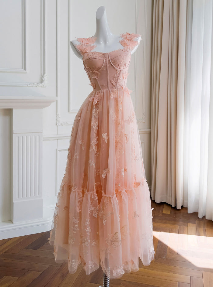 Orange Pink Tulle Lace Butterfly Prom Dress