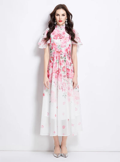 Pearl-breasted Slim Printed Chiffon Dress