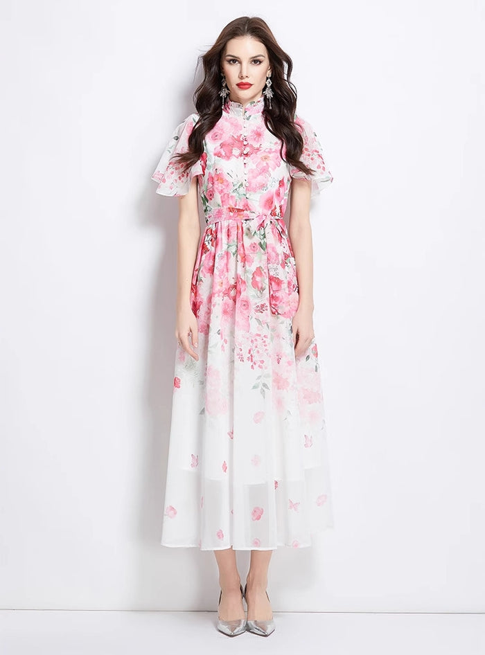 Pearl-breasted Slim Printed Chiffon Dress