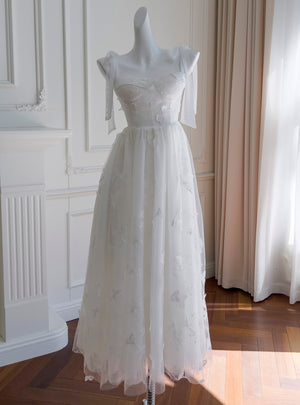 White Gauze Sling Bow Dress