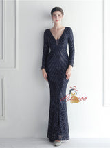 Mermaid Sequins Long Sleeve V-neck Prom Dress