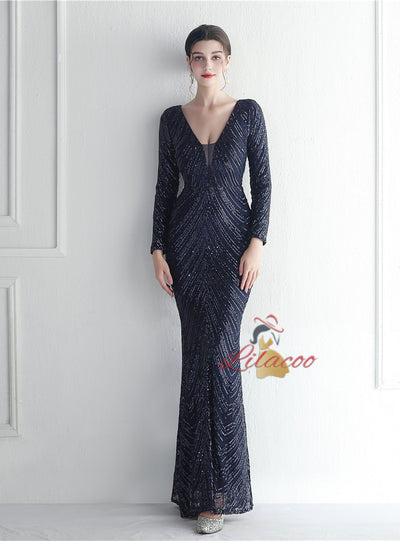 Mermaid Sequins Long Sleeve V-neck Prom Dress