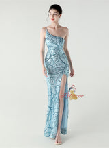 Mermaid One Shoulder Sequins Split Prom Dress