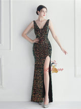V-neck Sequins Split Prom Dress
