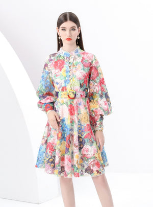 Retro Lace Button-down Printed Short Dress