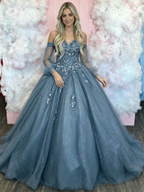 Blue Tulle Long Sleeve Appliques Prom Dress