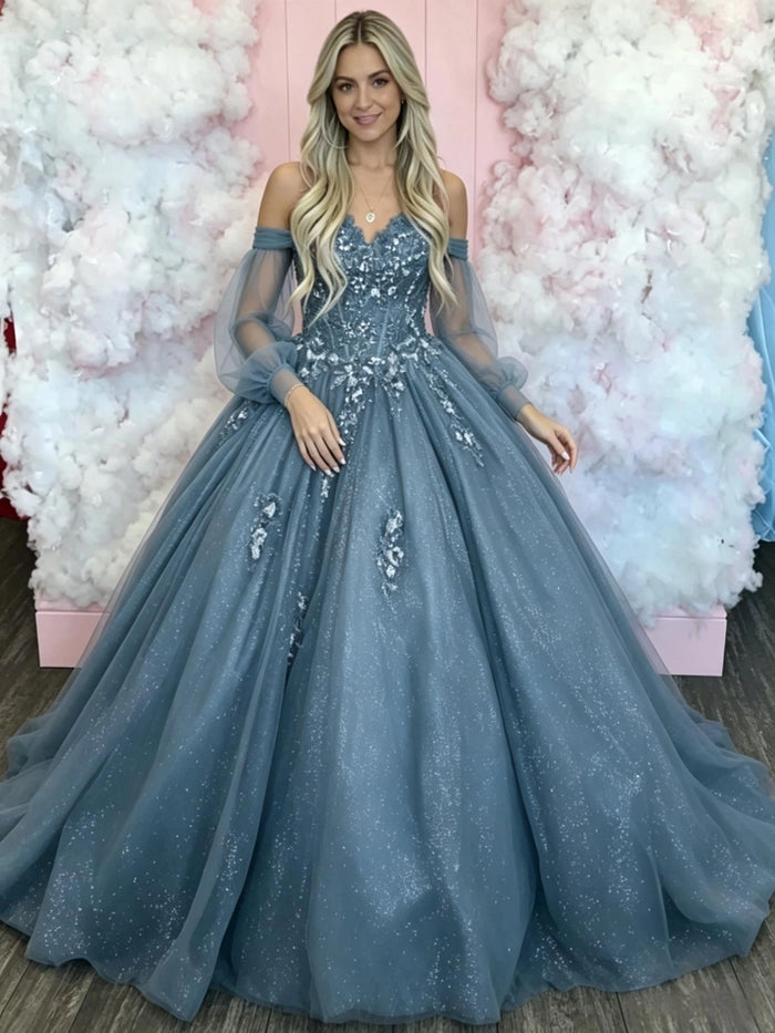 Blue Tulle Long Sleeve Appliques Prom Dress