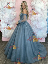 Blue Tulle Long Sleeve Appliques Prom Dress