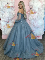 Blue Tulle Long Sleeve Appliques Prom Dress