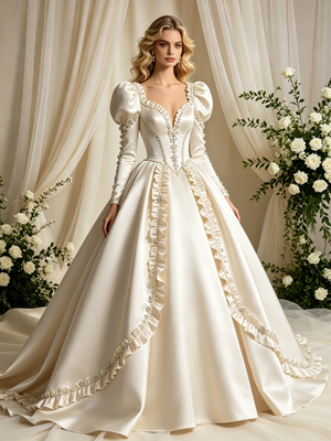 Ivory Satin Long Sleeve Beading Wedding Dress