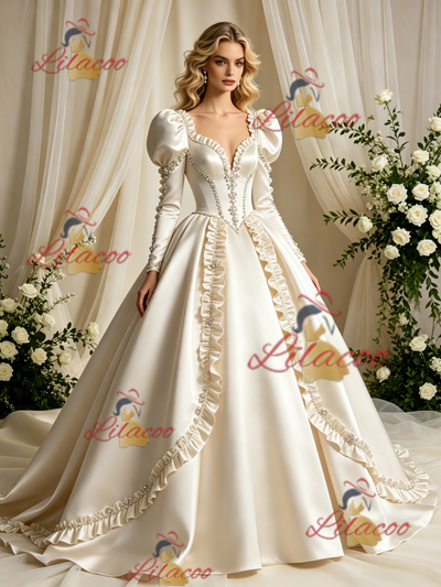 Ivory Satin Long Sleeve Beading Wedding Dress