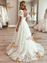 White Tulle Lace Puff Sleeve Wedding Dress