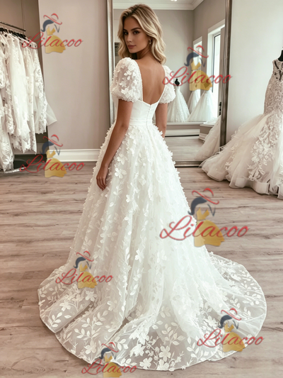 White Tulle Lace Puff Sleeve Wedding Dress