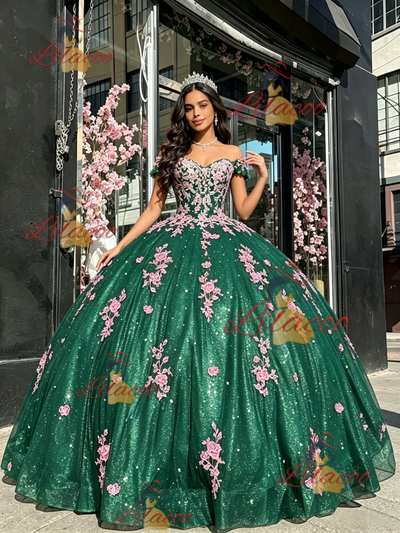 Green Tulle Off the Shoulder Appliques Quinceanera Dress
