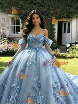 Blue Tulle 3D Appliques Long Sleeve Quinceanera Dress
