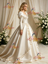 Ivory Satin Long Sleeve Beading Wedding Dress