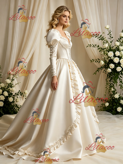 Ivory Satin Long Sleeve Beading Wedding Dress